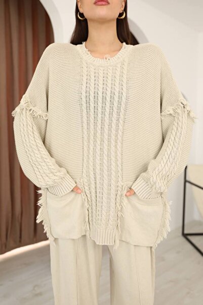 AYASOFYA OTANTIK بلوزة نسائية من القطن المحبوك فضفاضة بياقة مستديرة وتفاصيل مزخرفة مع جيوب وشراشيب بلون بيج