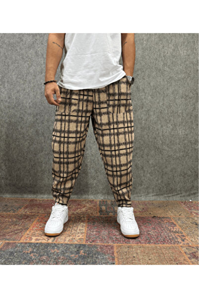 FıttingRoom Baggy Plaid Trousers with Elastic Waistband and Ribbed Detail on ...
