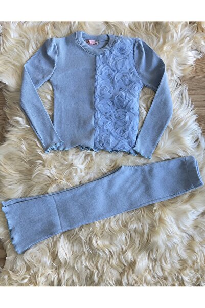 HÜMAKİDSWEAR Ribana Kumaş Yarım Gül İşlemeli Kız Çocuk Kombin Seti