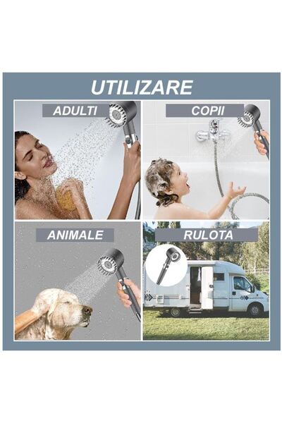 THK Shower Head, 3 Turbo Pressure Modes, Massage Brush, Water Purification Filter, Metallic Gray