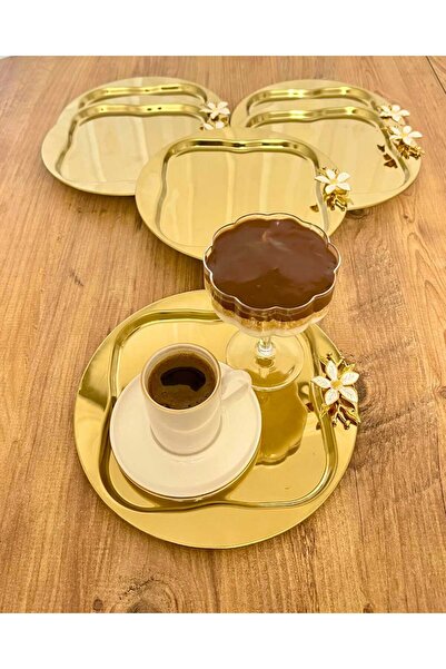 BİMOTE 6'lı Lüx Yuvarlak ve Kare Gold 23x23 Papatya aksesuar Kahve Sunum Tepsi