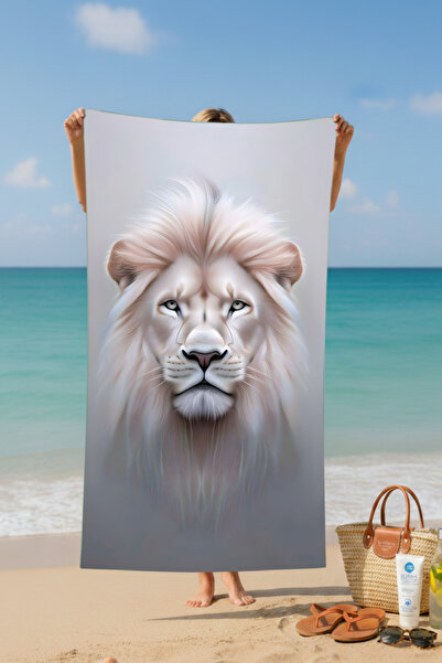 BETHA Noble Lion Patterned White Cotton Beach Towel – Patterned Design – 75X150 cm
