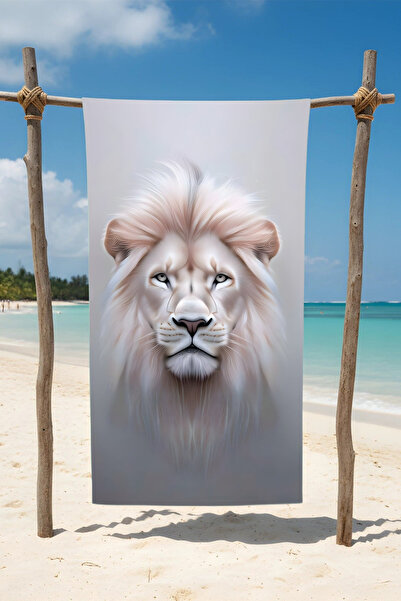 BETHA Noble Lion Patterned White Cotton Beach Towel – Patterned Design – 75X150 cm