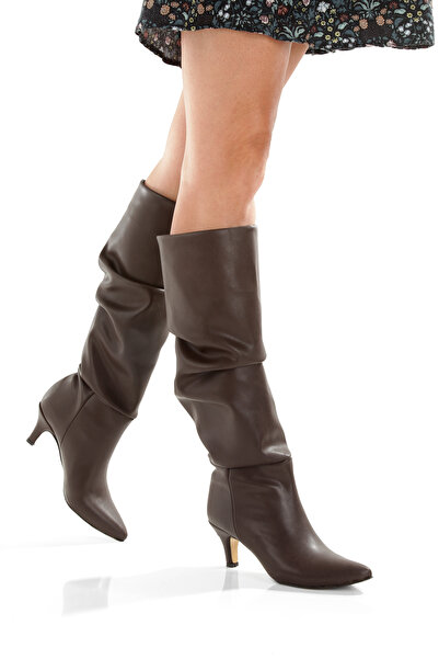 MİNNACE Γυναικείες Μπότες Καφέ Δερμάτινες με Μυτερή Μύτη 5 εκ. Λεπτό Τακούνι ...