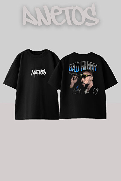 Anetos Μπλουζάκι Bad Bunny 7 Design Back με τύπωμα Βαμβακερό μαύρο oversized