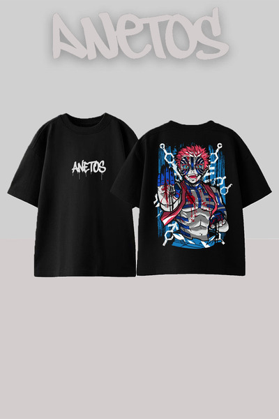 Anetos تي شيرت Demon Slayer Akaza 5 Design مطبوع من الخلف مصنوع من القطن بالل...