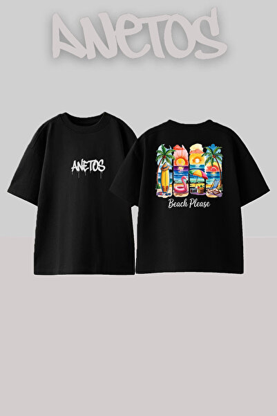 Anetos Μπλουζάκι Beach Please Design με στάμπα στην πλάτη, βαμβακερό μαύρο oversize