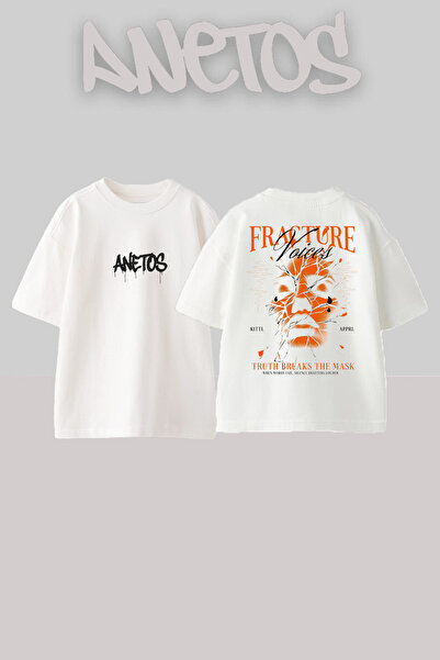 Anetos Fracture Design Spate cu imprimeu Bumbac Alb supradimensionat tricou