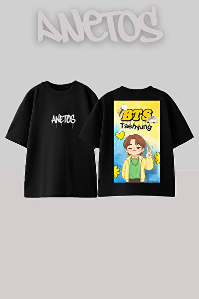 Anetos Bts 3 Design Spate cu imprimeu Bumbac Negru supradimensionat tricou