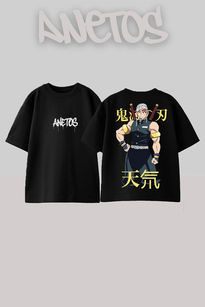 Anetos Demon Slayer 28 Design Spate cu imprimeu Bumbac Negru supradimensionat...