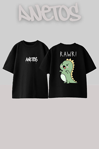 Anetos Rawr Dino Design Spate cu imprimeu Bumbac Negru supradimensionat tricou
