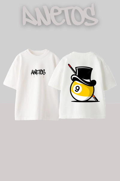 Anetos Тениска с голям размер, бяла, с печат на гърба с дизайн на билярдна топка