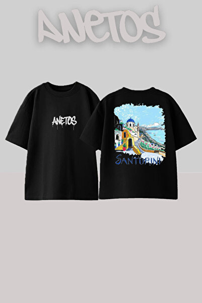 Anetos تي شيرت أسود كبير الحجم من القطن مطبوع عليه تصميم سانتوريني
