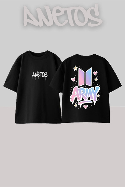 Anetos Army Design Rucsac cu imprimeu Bumbac Negru supradimensionat tricou