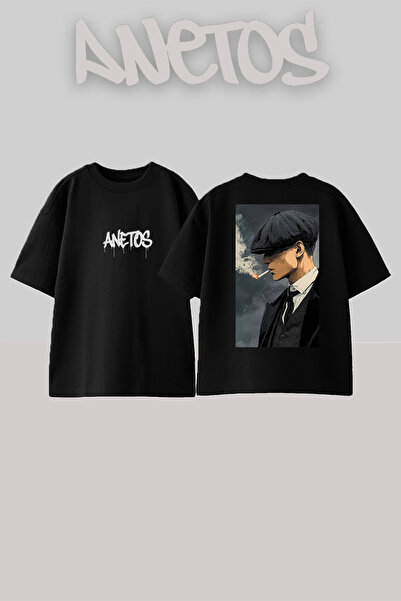 Anetos Peaky Blinders Design Back cu imprimeu Bumbac Negru supradimensionat t...