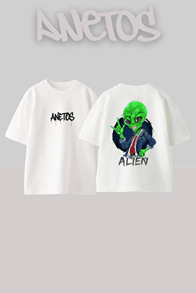Anetos Alien Gang Design Spate cu imprimeu Bumbac Alb supradimensionat tricou