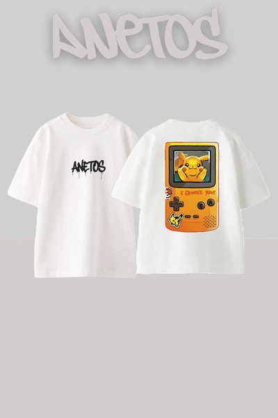 Anetos Pikachu Design Back cu imprimeu Bumbac Alb supradimensionat tricou