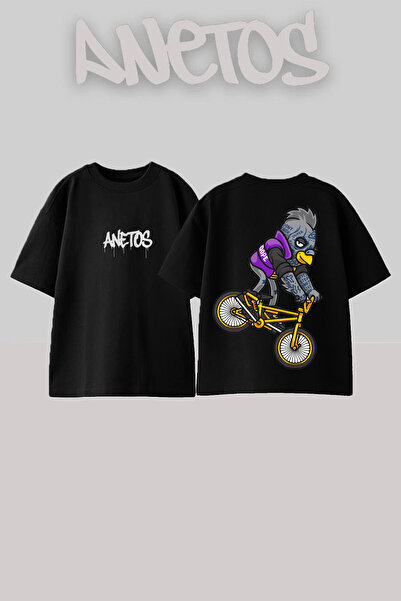 Anetos Μπλούζα Bıking Bird Σχεδίαση Μπροστινής Εκτύπωσης από Βαμβάκι Μαύρη Ov...