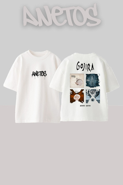 Anetos Gojıra 12 Design Spate cu imprimeu Bumbac Alb supradimensionat tricou