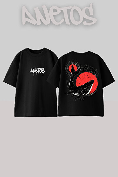 Anetos Gojıra 17 Design Spate cu imprimeu Bumbac Negru supradimensionat tricou