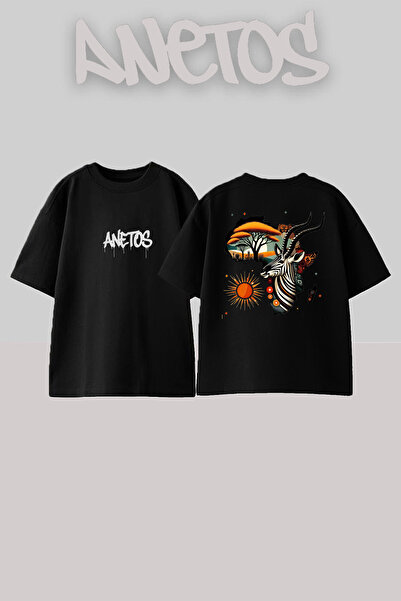 Anetos تي شيرت أسود كبير الحجم من القطن مطبوع عليه تصميم أفريقيا