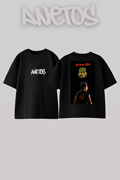 Anetos Cobra Kaı Design Rucsac cu imprimeu Bumbac Negru supradimensionat tricou