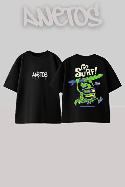 Anetos Go Surf Design Spate cu imprimeu Bumbac Negru supradimensionat tricou