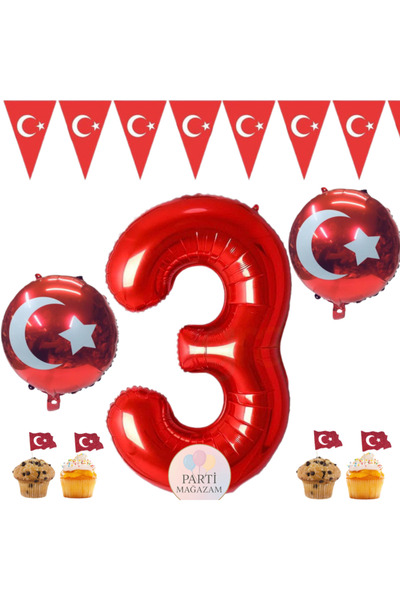 MFM Set de baloane din folie cu tematică Turcia, cu stele, de 3 ani, 100 cm