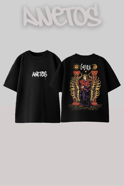 Anetos Gojıra Design Spate cu imprimeu Bumbac Negru supradimensionat tricou