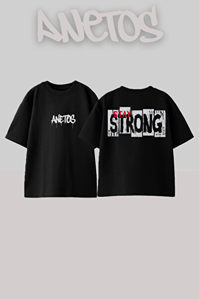 Anetos Strong 1 Design Spate cu imprimeu Bumbac Negru supradimensionat tricou