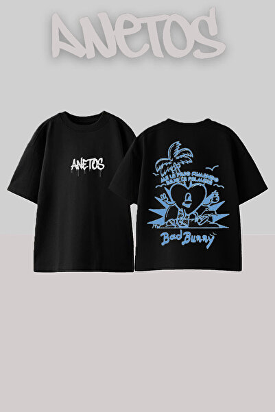 Anetos Bad Bunny 2 Design Back cu imprimeu Bumbac Negru supradimensionat tricou