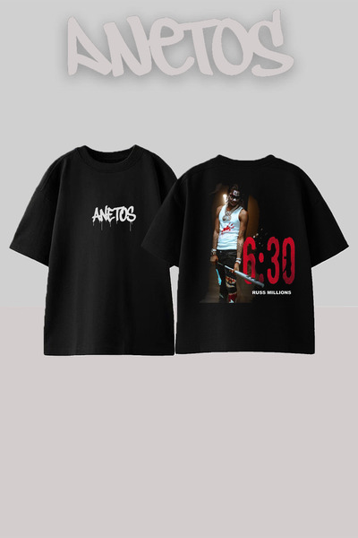 Anetos Russ Millions Design Back Printed Cotton Black Oversize T-Shirt