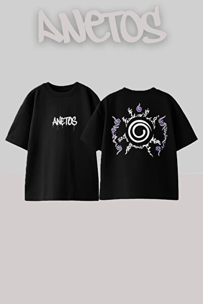 Anetos Naruto Emblem Design Spate cu imprimeu Bumbac Negru supradimensionat t...