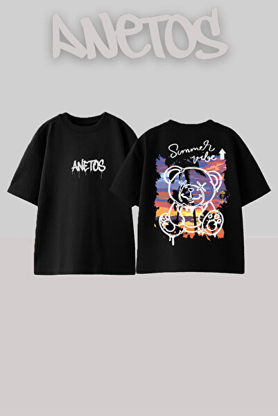 Anetos Summer Bear Design Spate cu imprimeu Bumbac Negru supradimensionat tricou