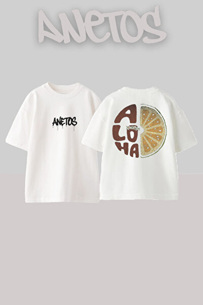 Anetos Aloha 1 Design Rucsac cu imprimeu Bumbac Alb supradimensionat tricou