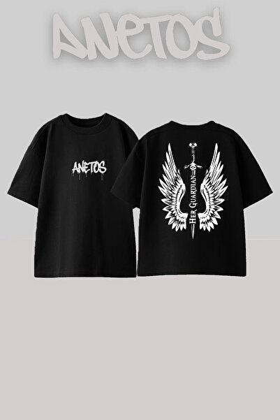 Anetos Her Guardıan Design Rucsac cu imprimeu Bumbac Negru supradimensionat t...