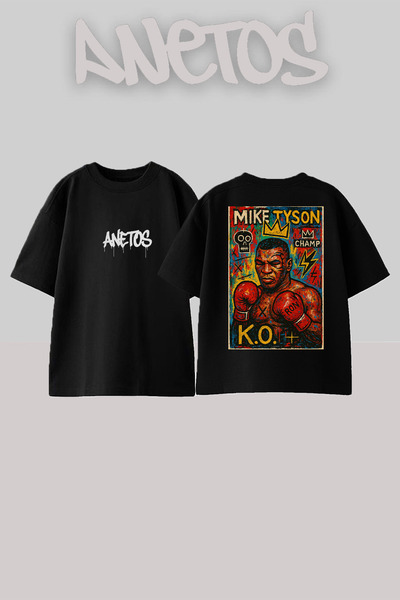 Anetos تي شيرت مايك تايسون 4 بتصميم مطبوع على الظهر من القطن باللون الأسود مق...