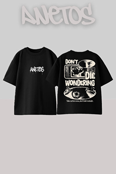 Anetos Dont Die Wondering Design Rucsac cu imprimeu Bumbac Negru supradimensi...