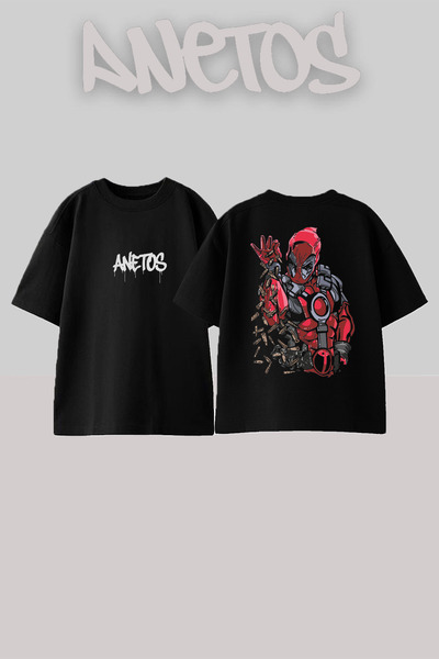 Anetos Deadpool 2 Tasarım Sırt Baskılı Pamuk Siyah Oversize T-shirt
