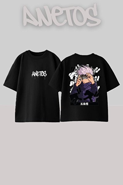 Anetos Gojo Design Spate cu imprimeu Bumbac Negru supradimensionat tricou