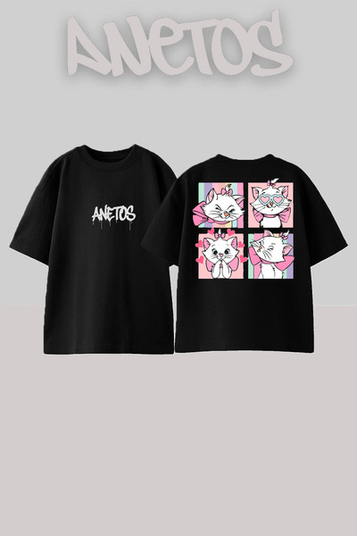 Anetos Cat Gırl Design Rucsac cu imprimeu Bumbac Negru supradimensionat tricou