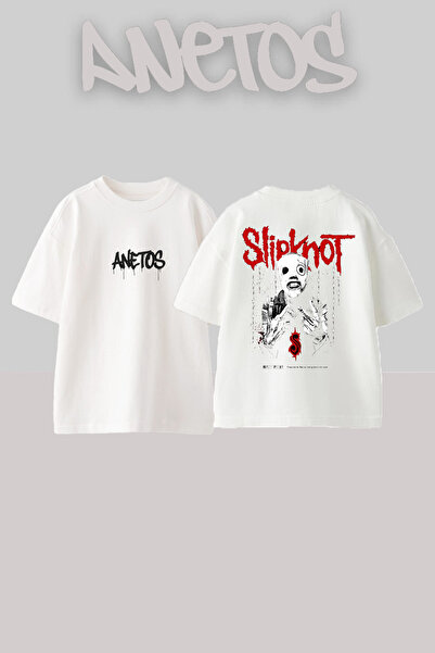 Anetos Slipknot 1 Design Back cu imprimeu Bumbac Alb supradimensionat tricou