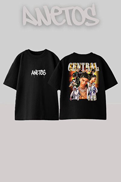 Anetos Central Cee 4 Design Spate cu imprimeu Bumbac Negru supradimensionat t...