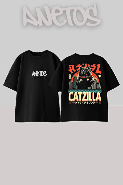 Anetos Μπλουζάκι Catzilla Σχεδίαση με Τύπωμα στην Πλάτη από Τεμάχιο Μαύρο Ove...