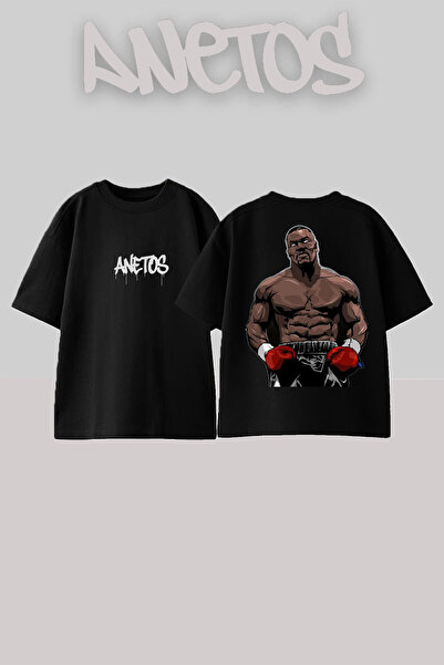 Anetos Mike Tyson 5 Design Back Printed Cotton Black Oversize T-Shirt