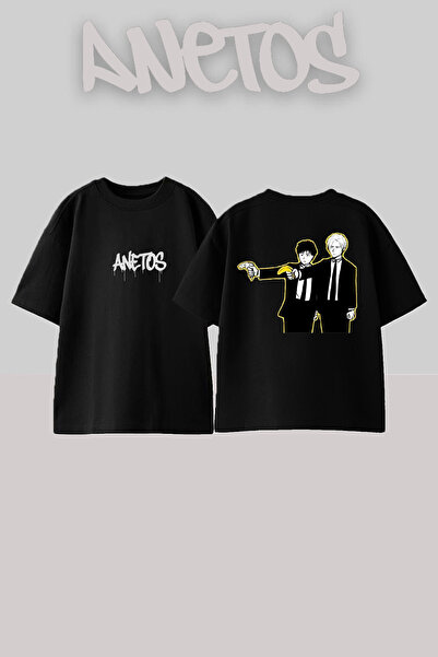 Anetos Banana Fish 5 Дизайн с печат на гърба Памучна черна тениска с голям ра...