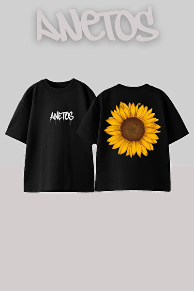 Anetos Слънчоглед 3 Дизайн Отзад Отпечатан Памук Черно Оверсайз Тениска