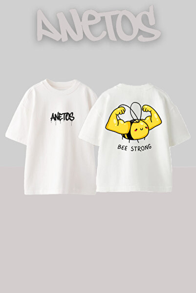 Anetos Bee Strong Design Spate cu imprimeu Bumbac Alb supradimensionat tricou