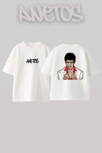 Anetos Scarface 13 Design Back cu imprimeu Bumbac Alb supradimensionat tricou