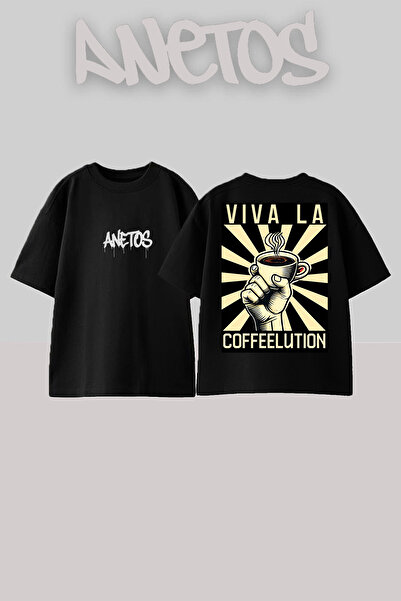 Anetos Good Coffe Design Rucsac cu imprimeu Bumbac Negru supradimensionat tricou